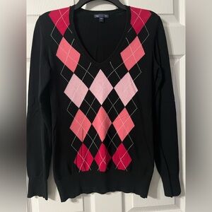 Vintage Gap Argyle v-neck sweater black and pink size small